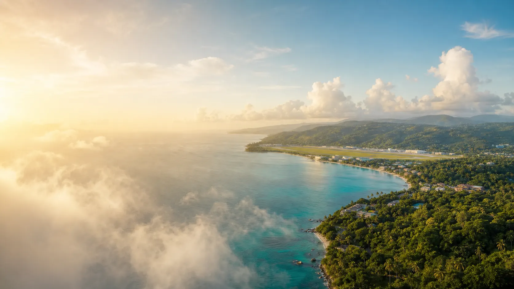 Aerial view of Jamaica coastline and sky